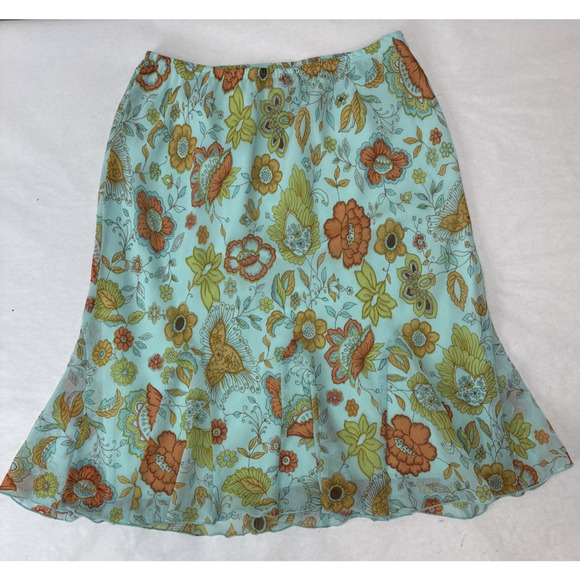 Vintage Y2K Skirt Lined Floral Aqua 70s-inspired A-Line Flowy Lightweight Large - Picture 4 of 6